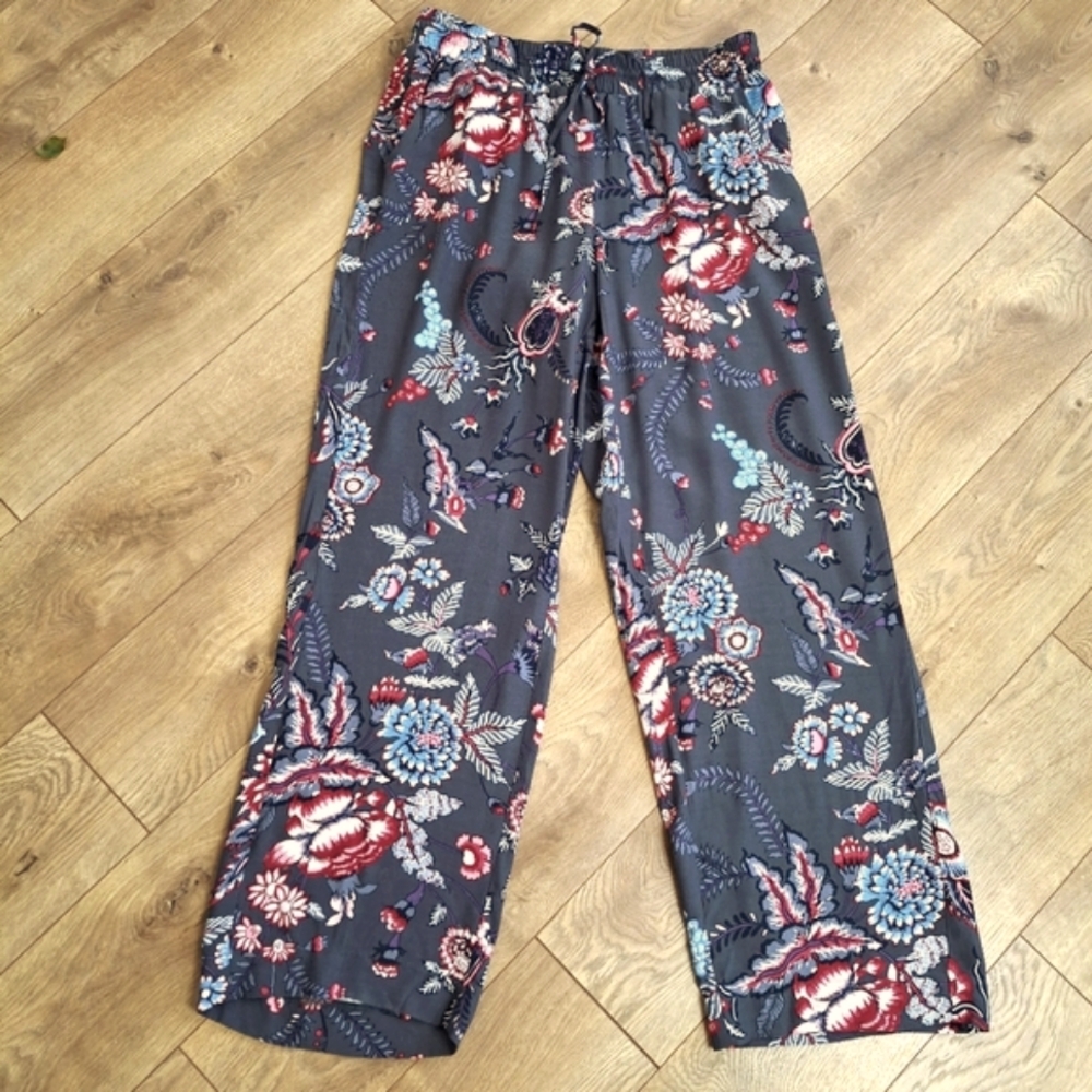 LOFT Charcoal Gray Floral Print Wide-leg Drawstring Pants NWT